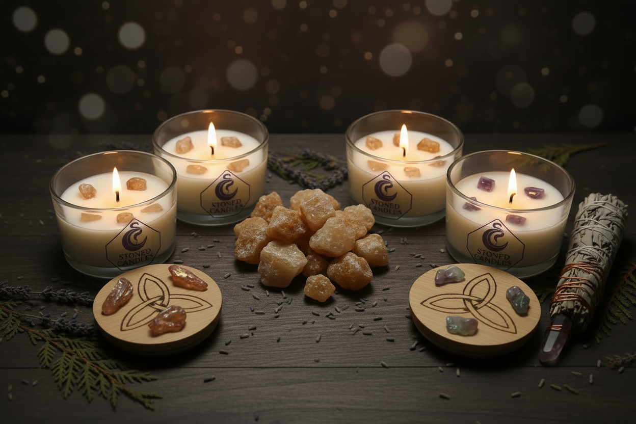 Four lit Stoned Candles votives with embedded citrine crystals, arranged on a dark wood surface with triquetra-engraved wooden lids, raw citrine chunks, dried lavender, sage bundle, and a wire-wrapped crystal wand.
